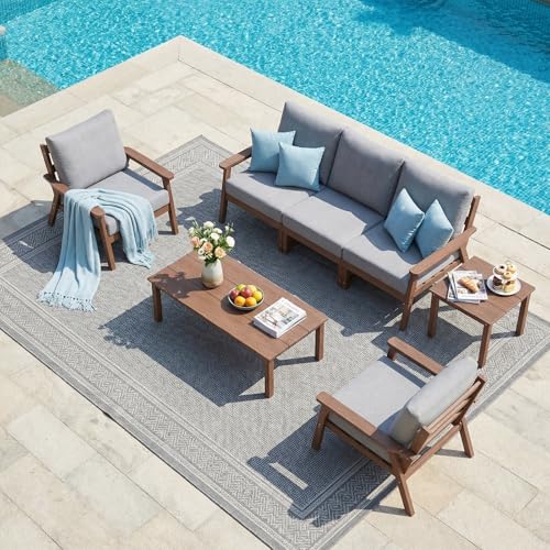 Image of LOUNZY HDPE Outdoor Furinture Set,7 Piece Sectional Sofa Patio Furniture Set, All Weather Outdoor Couch Set Patio Furniture Set for Deck, Lawn, Brown