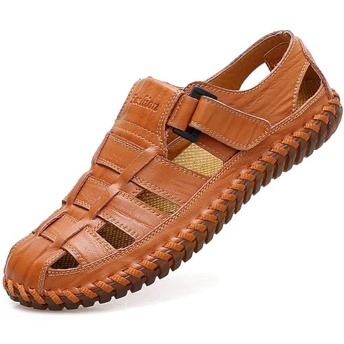 Moodeng Mens Sport Sandals Closed Toe Outdoor Fisherman Shoes Leather Summer Beach Loafters Breathable Anti-Slip