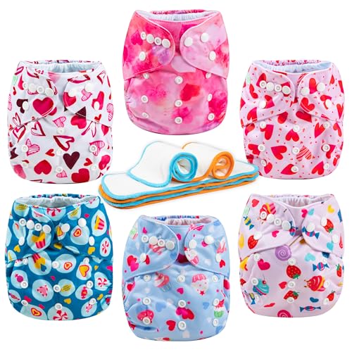 Image of Wegreeco Cloth Diapers 6 Pack with Inserts & Wet Bag, Washable Reusable Diapers for Babies, One Size Adjustable (Colorful Summer)
