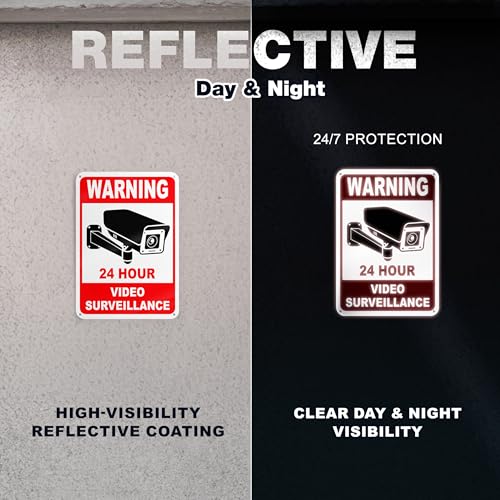 2 PC 24 Hour Video Surveillance Sign, Reflective 7x10 Aluminum Smile You\'re On Camera Signs Outdoor, Weatherproof Security Camera Warning Signs for Home & Business, UV Protected Rust-Free