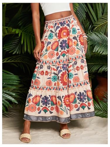 SweatyRocks Women's High Waist Floral Print Ruffle A Line Long Maxi Boho Vacation Skirt3