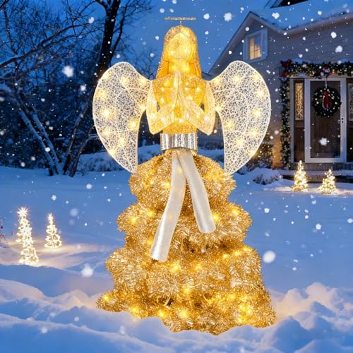 Vongrasig 5 FT Christmas Angel Outdoor Lighted Holiday Displays, Pre-lit 3D Outdoor/Indoor Glittered Angel with 100 Warm Lights, Bow, Zip Ties, Stakes for Birthday Party Decoration