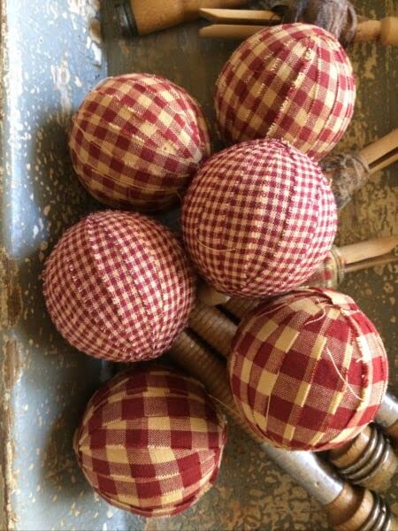 6 Burgundy Homespun Gingham Rag Balls Ragball Bowl Filler Farmhouse Ornaments for Home, Kitchen, Holiday Décor