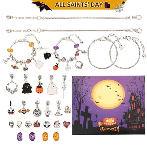 Halloween Treasures Charm Bracelet, Cute Halloween Charm Bracelet, Adjustable Horror Pumpkin Spider Ghost Black Cat Pendant Bracelets for Women, DIY Craft Decorations Gift2