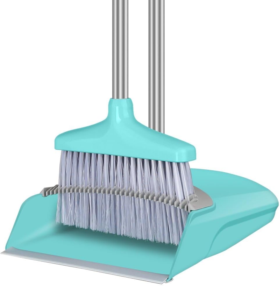 FGY Broom and Dustpan Set 48" Long Handle Broom and Collapsible Dust Pan Combo for Home Office Kitchen (Blue)