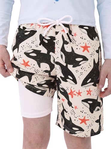 BliBliTaTa Boys Swim Trunks Quick Dry with Stretch Compression Liner Beach Shorts for Toddler Swimwear 2T 3T 4T 5 6 7 8 10 12 14 16 Years Killer whale-10/12