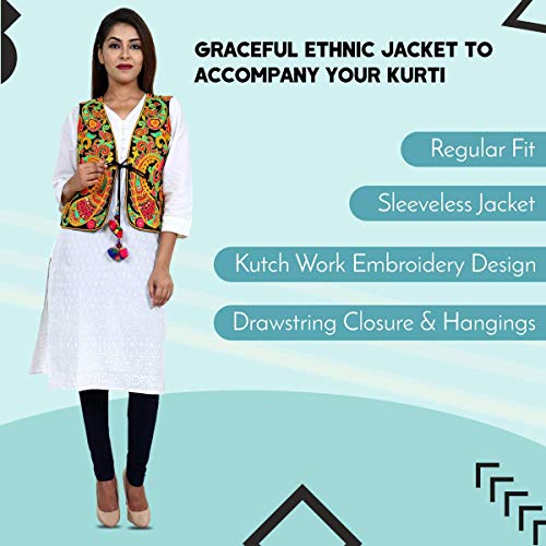 Image of Craft Trade Women's Cotton Embroidered Kutchi Jacket with Tassels Sleeveless Mirror Work