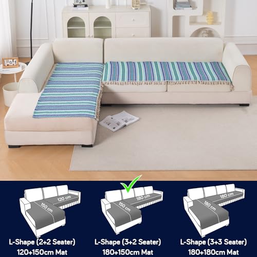 Image of HOKIPO 'Artisan Boho Series' L Shape (3+2 Seater) Sofa Cover Seat Mat | 450 GSM Cotton Acrylic Jacquard Fabric with Tassel, Royal Blue (IN-904+903-A2)