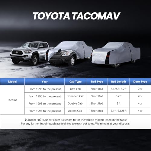 Image of Multi-Layer Toyota Tacoma Truck Cover, Custom fit Tacoma 1995-2026 Xtra /Access /Double Cab SB(5'-6.125')Car Cover Waterproof All Weather, Full Exterior Cover Rain Wind and UV Protector With Door Zipper
