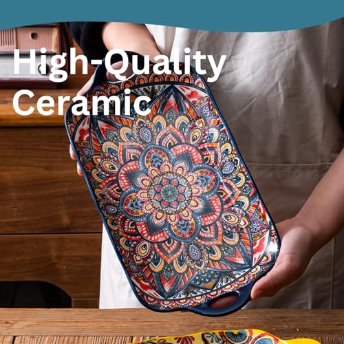 Coolcapis Serving Tray with Handles Rectangular Serving Platter Ceramic Extra Large Plates & Dishes Rectangle (Blue Garden) - Cosy Home Interiors Coolcapis Serving Tray with Handles Rectangular Serving Platter Ceramic Extra Large Plates & Dishes Rectangle (Blue Garden) - Image 2