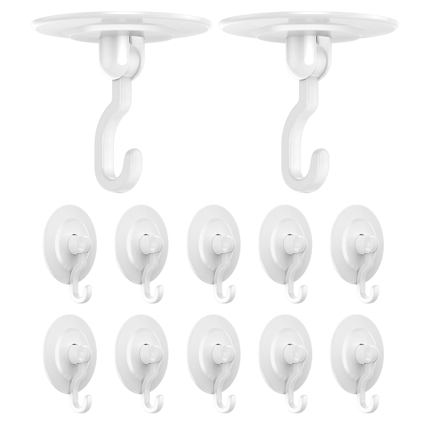 CHOOBY Adhesive Hooks Hanging Wall Ceiling: Heavy Duty No-Drill Free-Nails NO-Damage Self Stick Removable Swivel Plastic Hook White 12PC