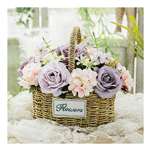 Fleurs de roses artificielles en soie haut de gamme et panier de rotin
