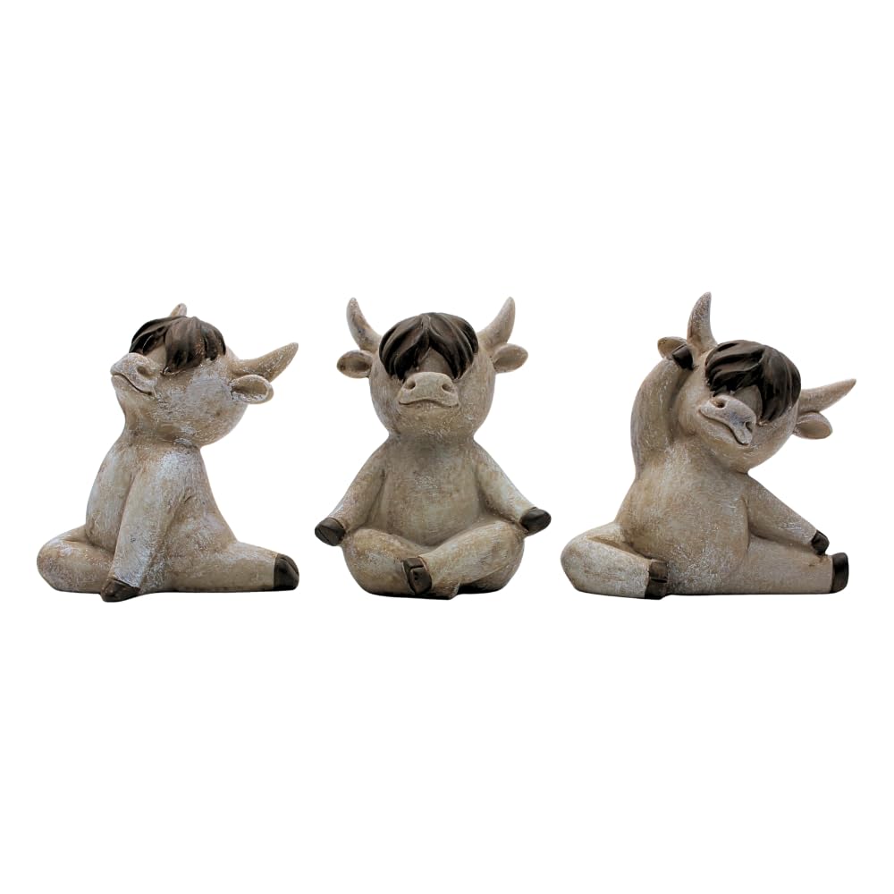 Decorative Highland Cattle, Highland Cattle with Yoga Poses, Yoga - Highland Cattle, Highland Cattle without Face in Set of 3, Made of Ceramic, Cute Decoration for Living Room or Balcony, Size: L/W/H