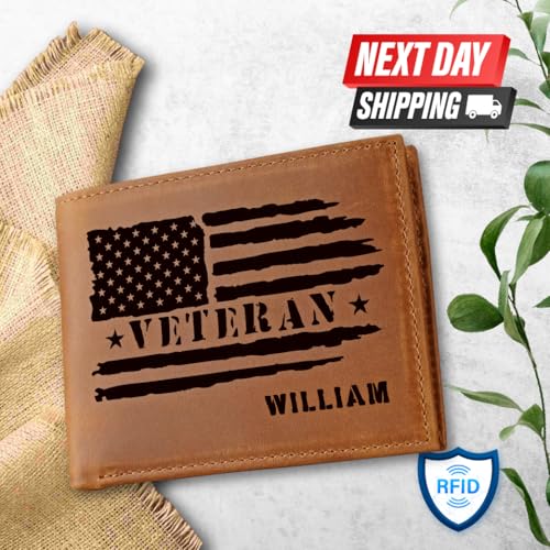 Engraved American Flag Leather Wallet Personalized Veteran Gift for Men Perfect for Valentine’s Father’s Day Christmas, Military Graduation & Patriotic Celebrations.3