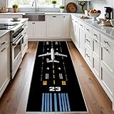 Meugesoi Lustiger Flughafen Teppich Läufer rutschfest Waschbar 80x200 cm, Flugzeug Pilot Flurteppich Küchenteppich Landebahn Teppichläufer für Bettvorleger Wohnraum Flur