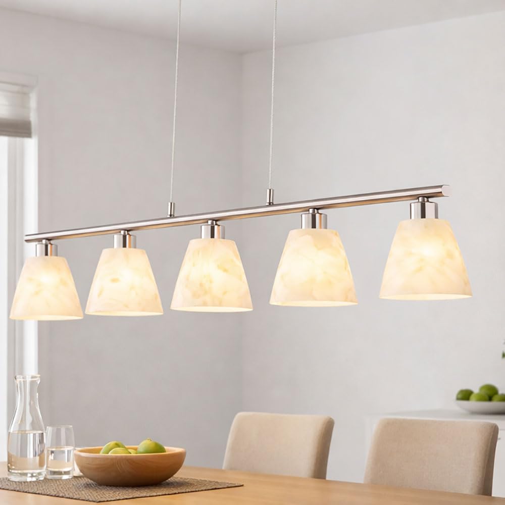 Esstischlampe Hängelampe Esstisch Hängeleuchte silber höhenverstellbar, 5 flammig, Metall nickel Glas weiß, 5x E14 Fassungen, HxLxB 120x93x13cm