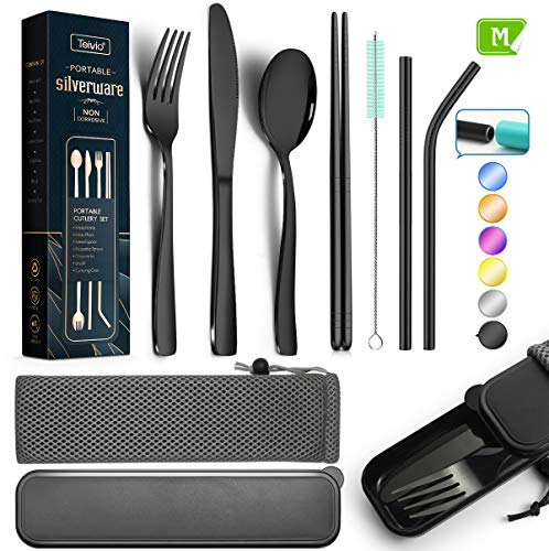 Reusable Utensils with Case - Travel Utensils - Black Portable Flatware Stainless Set