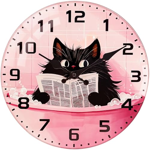 TGHHPC Cat Glass Wall Clock - 8 Inch Small Battery Operated Silent Non Ticking Analog Clock with Unique Black Cat Bathtub Reading Large Numbers Clocks for Living Room Bedroom Bathroom Hotel Gym