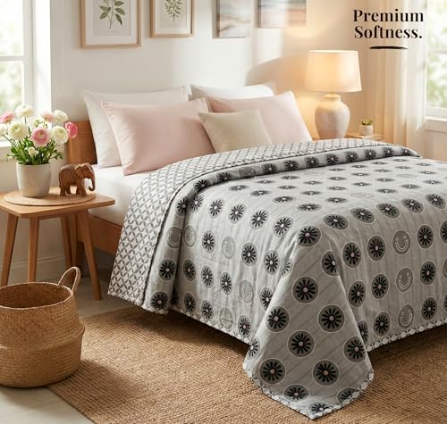 Image of BSB HOME 100% Cotton Reversible Dohar Single Bed Size | AC Blanket Lightweight Summer Comforter | Soft Breathable Bed Blanket (152 x 225 cm) (Silver Blossom Grey)