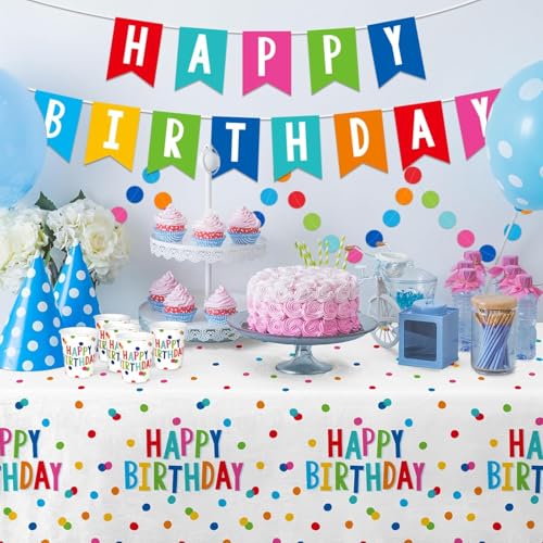 Image of Birthday Party Supplies Set for 25 Guests, Polka Dot Happy Birthday Decorations Kit with Plates, Napkins, Cups, Tablecloth, Banner & Balloons, Colorful Unisex Party Decor