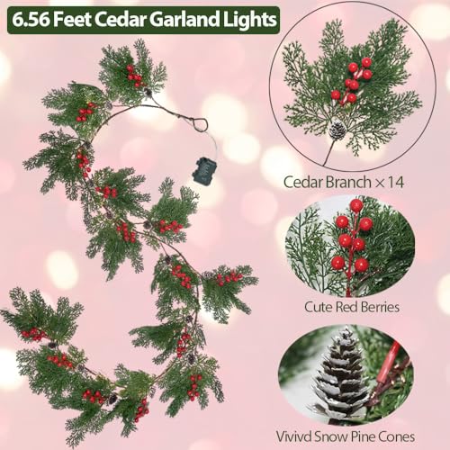 Image of 2025 New 6.56FT Christmas Garland Lights with 96 LED 8 Flash Modes Battery Operated Cypress Garland with Timer Lighted Xmas Pine Garland Christmas Decor for Mantle Fireplace Table Stairs Holiday
