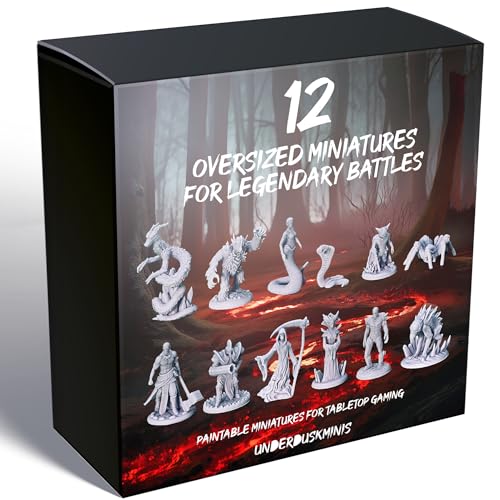 Underdusk Oversized DND Miniatures for Tabletop Games | Highly Detailed D&D Minis | Grey/Paintable RPG Monster Bosses (12 Pack)