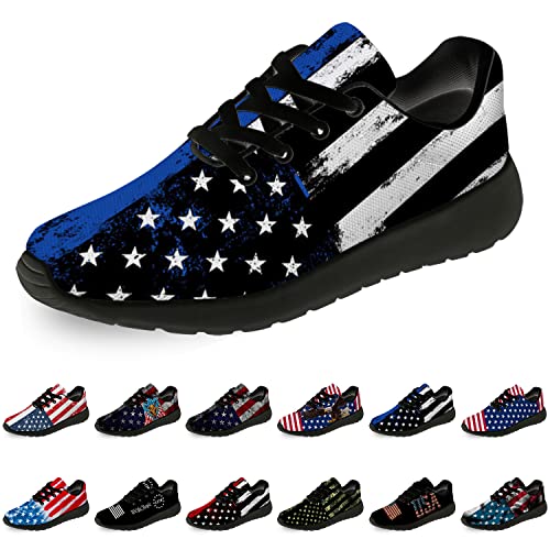 Womens Mens Thin Blue Line Shoes Running Shoes Walking Tennis Sneakers Honor Duty Courage American Flag Shoes Gifts for Boy Girl,Size 10.5 Men/12 Women Black