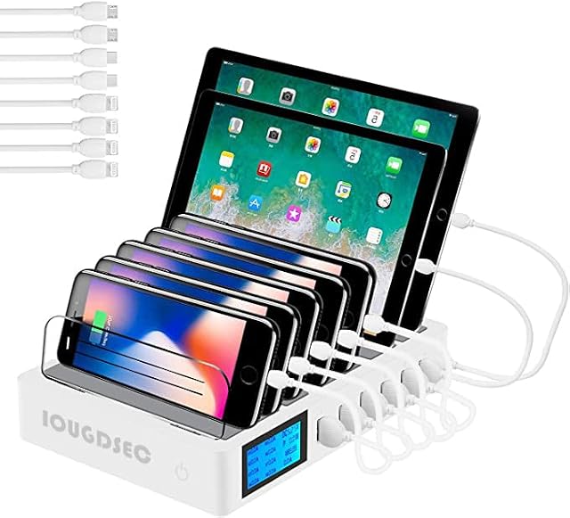 Fast Charging Station PD20W QC3.0 Multi USB Ports, 7-in-1 Charging Station for Multiple Devices with LCD Display Compatible for iPhone iPad Samsung Huawei and More