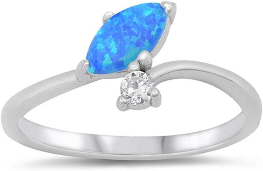 Clear CZ Blue Simulated Opal Marquise Ring .925 Sterling Silver Band Sizes 5-10