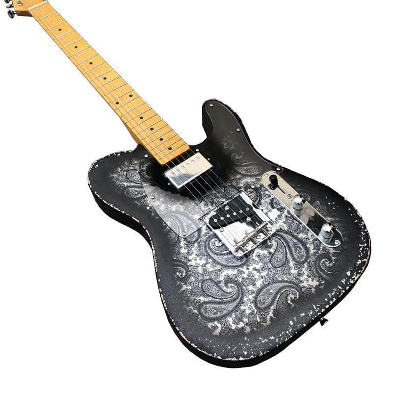Guitare électrique grise avec micros humbucker et cordes sur sillet en os