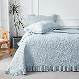 WINLIFE Queen Ruffled Quilt Bedding Set(90''x98''), Soft Stonewashed Bedspread Bedding Sky Blue Floral Petal Pattern Crinkle Farmhouse Quilted Coverlet & Sets 3PCS for All Season