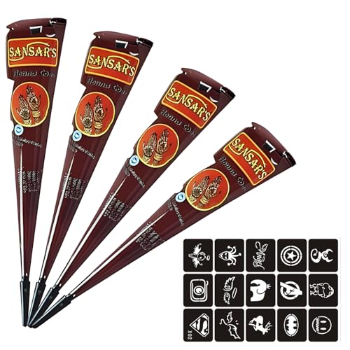 Henna marrone per lentiggini estive, 4 paste per tatuaggi all'henné con 15 adesivi, tatuaggi temporanei per festival e matrimoni, arte corporea fai-da-te per design creativi