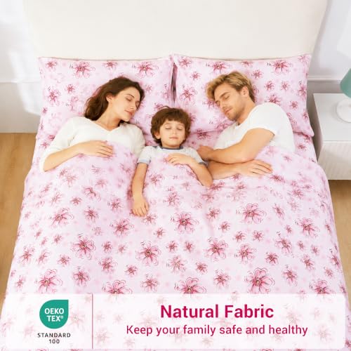 Image of Softan Pink Floral Queen Sheet Set, Cozy Printed Microfiber Bed Fitted Sheets with 15 inch Deep Pocket & Non-Slip Corner Straps, Cherry Blossom Watercolor Flower Patterned Sheets & Pillowcase Set
