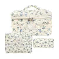 Toiletry Bag Set of 3, Floral Quilted Makeup Bag for Women, Large Capacity Aesthetic Floral Cosmetic Bags for Travel, Travel Skincare Cosmetic Organizer, Wash Organizer Pouch for Ladies Girls