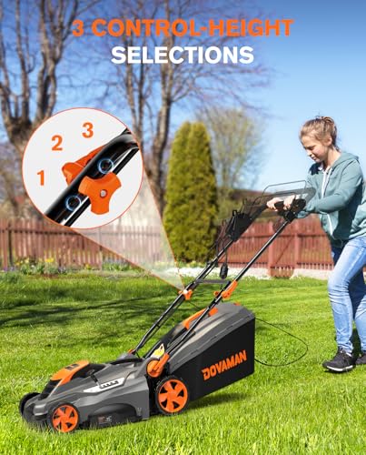 DOVAMAN 13Amp LA16M Lawn Mower, 16\" Blade, 5-Position Height Adjustment, 3-Step Quick Vertical Fold Storage, 2-in-1 Mulching & Bagging, 98% Collection, Corded Lawn Mower for Your Garden