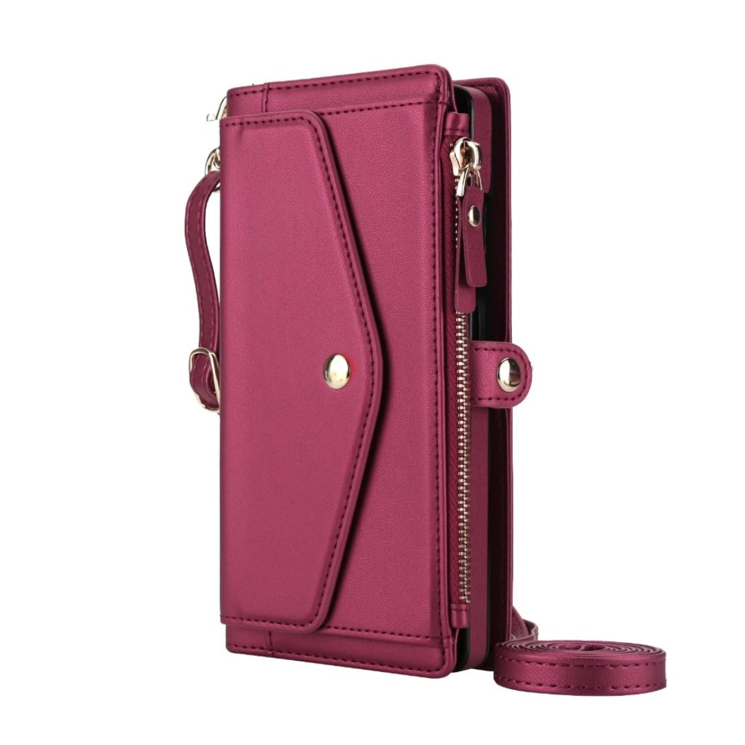Étui Portefeuille bandoulière magnétique détachable avec Porte-Cartes pour Samsung Galaxy S25 Ultra S24 Plus S23 A16 A36 A56 A55 A35 A15 (pour Galaxy A15 4G/Rouge)