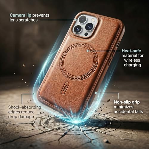 Image of amazon basics Premium PU Leather Case for iPhone 15 Pro Max, MagSafe Compatible Magnetic Ring, Sleek Protective Back Cover - [Tan]