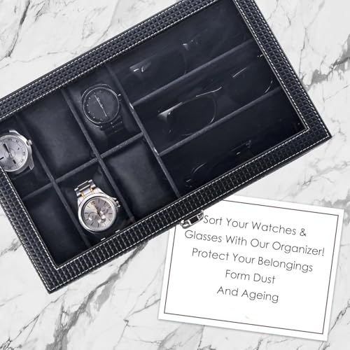 Image of Leather Watch Organizer with Glass Display (Black& Black, 6)