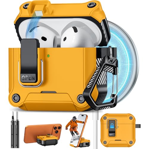 Image of Pohgelan for AirPods 4 Case with Safety Lock-Yellow | Magnetic Automatic Lock with Cleaning Kit&Keychain,Compatible with Magsafe