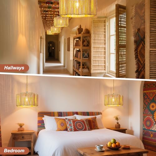 Eqquorva Hanging Lights with Plug in Cord Rattan Hanging Lamp Boho Ceiling Light Fixtures Farmhouse Pendant Lamp Shape for Living Room Bedroom Kitchen by Eqquorva - Image 7
