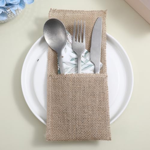 AojSup 50 Pcs Burlap Utensil Holder Pouch Set - 4 x 8.8 Inch Natural Jute Cutlery Pouch for Wedding Party Decor, Reusable Silverware Bags with Deep Pockets for Knives Forks Spoons by AojSup - Used condition - Image 5