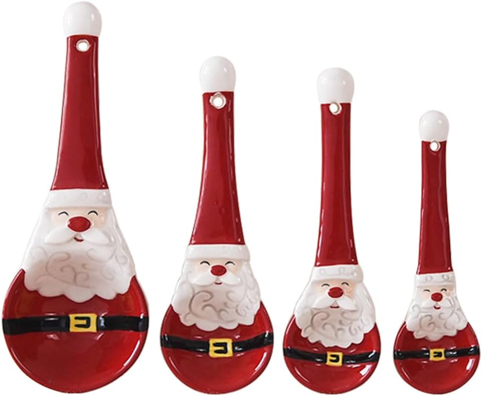 DOITOOL 4 Pcs Christmas Spoons Ceramic Measuring Spoon Santa Claus Themed Xmas Teaspoon Christmas Serveware for Baking Coffee Dessert Sugar Salt Cooking Holiday Kitchen Baking Accessories