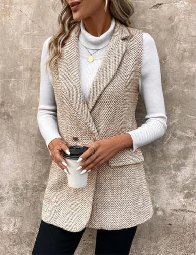 IDEALSANXUN Womens Herringbone Print Vest Fall Winter Double Breasted Sleeveless Blazer Jackets2