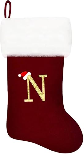 Miniatura 60 de Calcetines de Navidad bordados de 20 pulgadas con monograma, terciopelo rojo con puño de felpa blanca supersuave, adornos clásicos para decoración