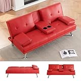 KEIKI 67' Leather Folding Futon Sofa w/Cup Holder & Adjustable Backrest, Mid Century Modern Couch Loveseat Convertible to Sleeper Bed, Comfy Cloud Couch SofaBed for Living Room & Bedroom, Red