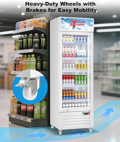 Image of Tylza Commercial Refrigerator with Glass Door Display Beverage Fridge, 13.52 Cu Ft Upright Beverage Cooler Merchandiser with Rebound Door, Fast Cooling, Low Noise, White