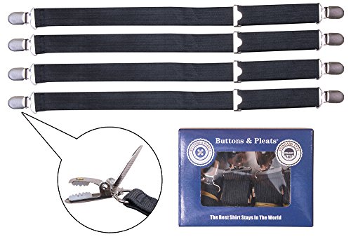 Buttons & Pleats Standard Type Shirt Stays Holder with Reinforced Locking Clamps - Keep Shirt Tucked in Uniform or Pants - Softer Garter Straps & More Comfortable