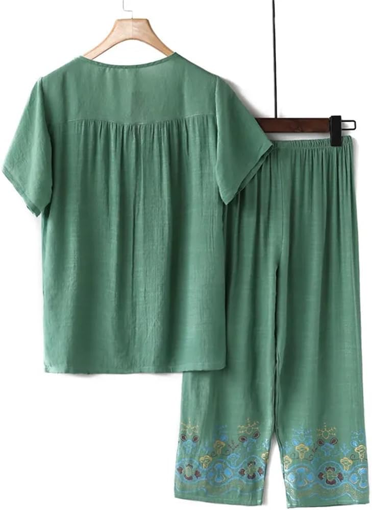 DBFBDTU Women Short-Sleeved Two-Piece Suit Embroidery Middle-Aged Elderly Loose T-Shirt Pants