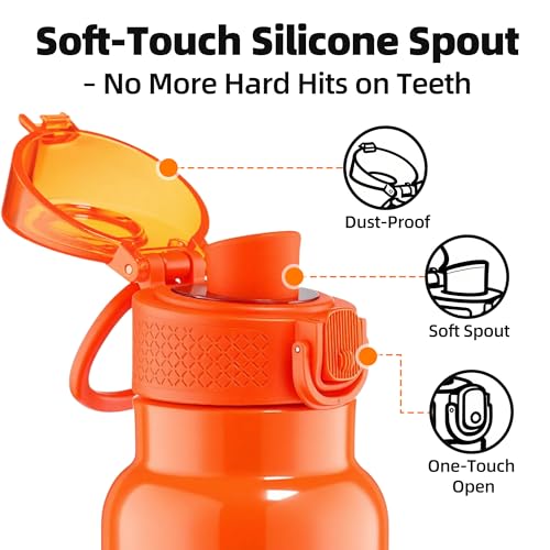 Image of Fanhaw 24 oz Insulated Water Bottle with Soft Silicone Spout Lid, Leakproof Stainless Steel Vacuum Bottle for School, Sports& Daily Use, Kids, Teens& Adults, Back to School Essentials (Vibrant Orange)