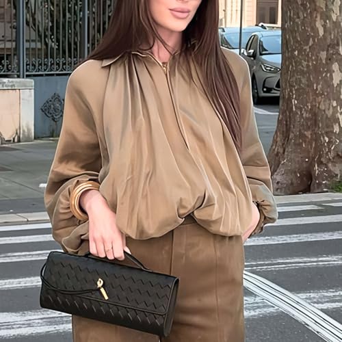 Xunger Women's Puffed Bomber Jacket Oversized Streetwear Casual Batwing Sleeve Lapel Collar Zip Front Pleated Shirts3